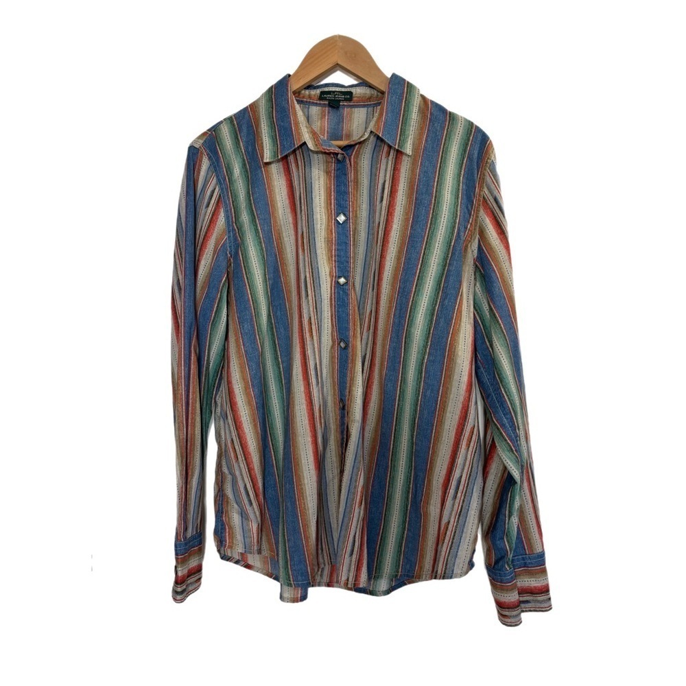 Lauren Jeans Co. cotton western style striped long sleeve snap up top